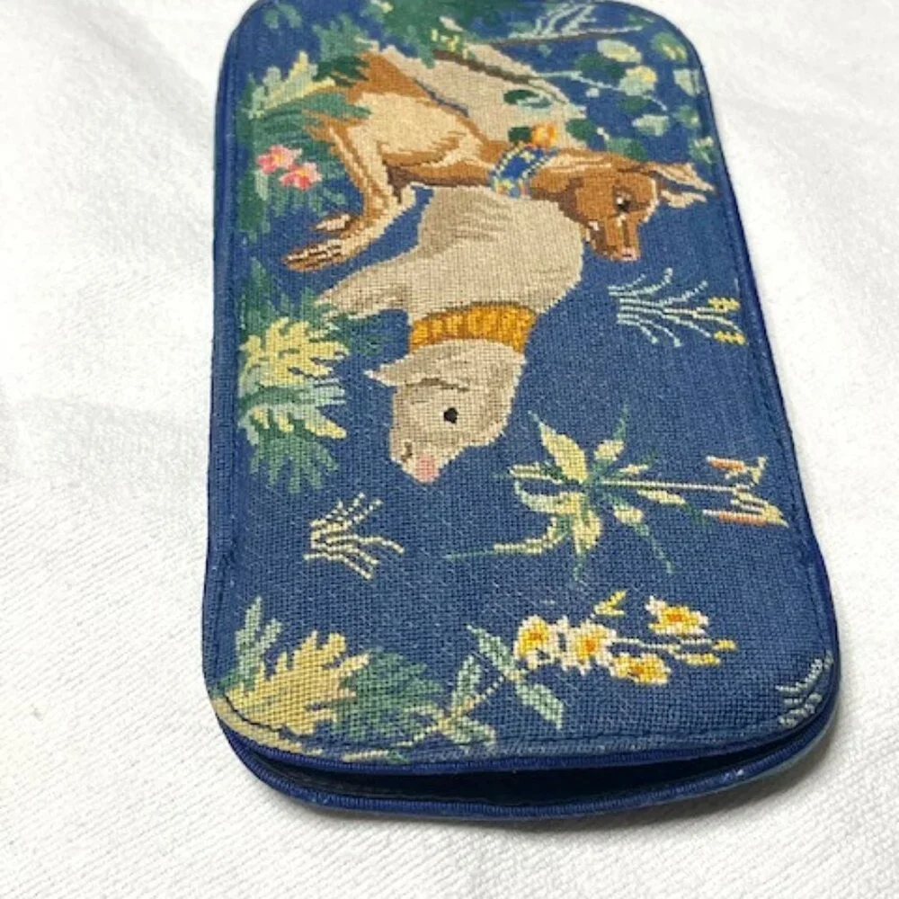 VTG Needlepoint Blue Animals Floral Eyeglasses Soft Case Silk Cotton 6.5